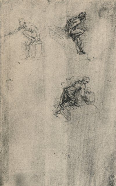 Twee zittende naakten en een vrouw die zich wast, ca. 1480-1945 door Leonardo da Vinci