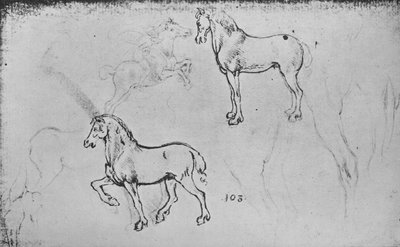 Twee studies van paarden, een van een galopperende ruiter en andere van paardenbenen, ca. 1480 1945 door Leonardo da Vinci
