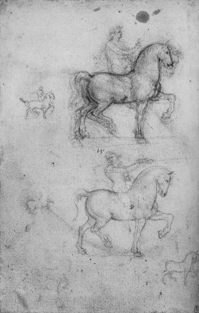 Twee studies van paarden en ruiters en kleinere studies van paarden, ca. 1480, 1945 door Leonardo da Vinci