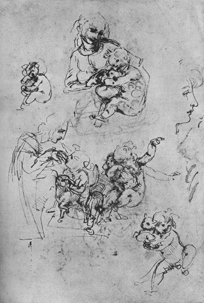 Twee studies van de Madonna en Kind met een Kat en Drie Studies van het Kind, 1475-1481, 1945 door Leonardo da Vinci