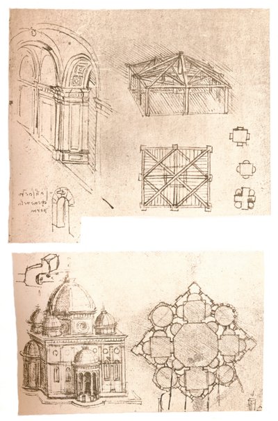 Twee architecturale tekeningen, ca. 1472-1519, 1883 door Leonardo da Vinci