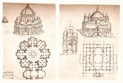 Twee tekeningen van kerken, ca. 1472-1519 door Leonardo da Vinci