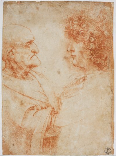 Twee mannelijke profielen, een oude man en een jonge man - De jonge man vertegenwoordigt Gian Giacomo Caprotti genaamd Andrea Salai of Salaij (circa 1480-1524), leerling en geliefde van Leonardo da Vinci - Tekening a la sanguine door Leonardo da Vinci (Leo door Leonardo da Vinci