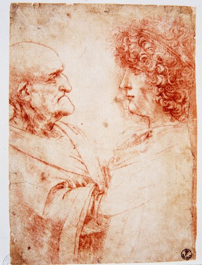 Twee mannenprofielen, een oude man en een jonge man. De jonge man vertegenwoordigt Gian Giacomo Caprotti, bekend als Andrea Salai of Salaij (circa 1480-1524), leerling en minnaar van Leonardo da Vinci. Tekening a la sanguine door Leonardo da Vinci (Leonard door Leonardo da Vinci