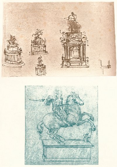 Twee voorbereidende studies voor het Sforza Monument, ca. 1482-ca. 1499 door Leonardo da Vinci