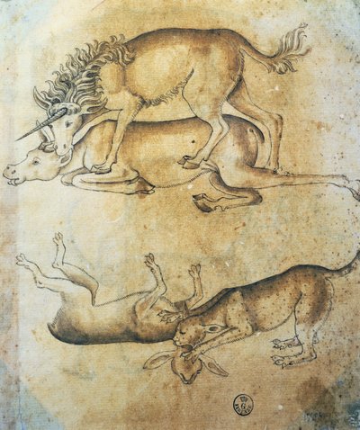 Eenhoorn die een koe aanvalt en luipaard die een schaap aanvalt, studie van dieren door Leonardo da Vinci