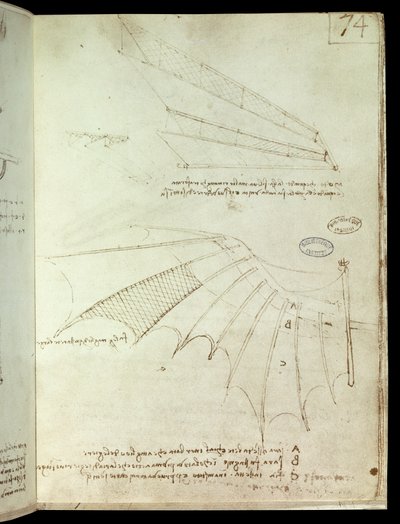 Vleugel. Vliegmachine tekening. Manuscript van Leonardo da Vinci door Leonardo da Vinci