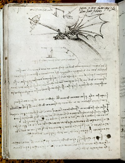 Vleugeltraining. Vliegmachine tekening. Manuscript van Leonardo da Vinci door Leonardo da Vinci