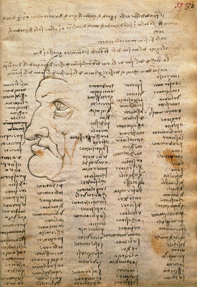 Woordenlijst en mannelijk profiel, uit Codex Trivulzianus door Leonardo da Vinci