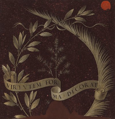Krans van laurier, palm en jeneverbes met een rol inscriptie Virtutem Forma Decorat, ca. 1474-78 door Leonardo da Vinci