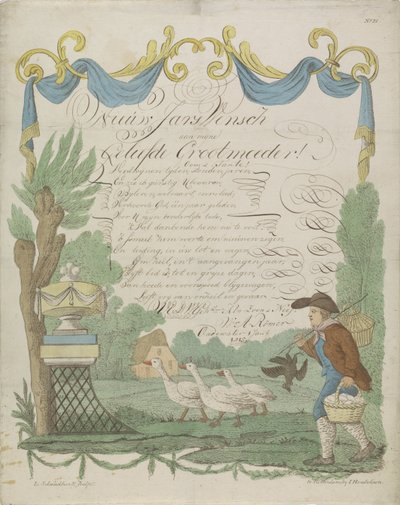 Wensbrief met een boer en zijn ganzen door Leonardus Schweickhardt