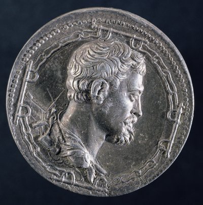 Keerzijde van medaillon van Andrea Doria met de kunstenaar omringd door de kettingen van een veroordeelde en met een galei op de achtergrond, ca. 1541 (zilver) door Leone Leoni