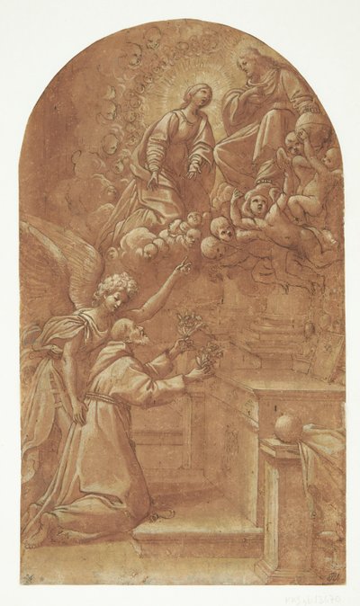 Een knielende franciscaan (Franciscus van Assisi?), ondersteund door een engel, reikt met beide handen bloemen naar de tronende Christus, gedragen door engelen en met Maria in voorspraak aan zijn zijde door Leonello Spada