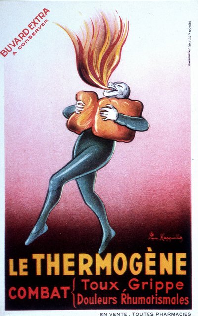 Reclame voor thermogene watten die verkoudheid, intercostale pijn, reuma, hoest, neuralgie en spit genezen. Franse Bouvard. begin 20e eeuw door Leonetto Cappiello