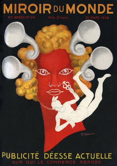 Allegorie van de reclame "Huidige godin waarop de handel rust", met Mercurius, god van reizigers en handel. Omslag van Mirror du monde magazine nr. 316, 21 maart door Leonetto Cappiello