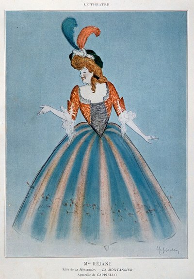 Comédienne Gabrielle Charlotte Reyu genaamd Rejane (1856-1920) in de rol van de Montansier. Aquarel door Leonetto Cappiello (1875-1942) Parijs, decoratieve kunsten door Leonetto Cappiello