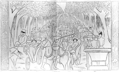 Toneel-, muziekhal- en operasterren van het Belle Epoque-tijdperk, rijdend in het Bois de Boulogne, Avenue des Acacias, Parijs, humoristische karikatuur uit 