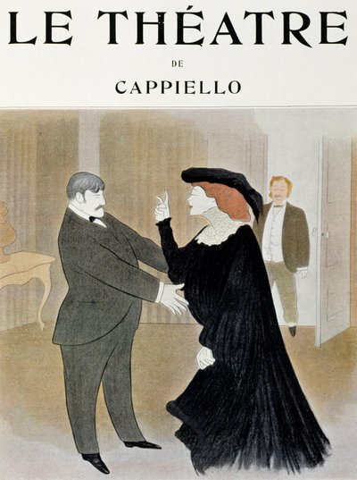 De acteurs Lucien Guitry en Jane Harding in een scène uit La Chatelaine, uitgevoerd in het Renaissance Theatre in Parijs door Leonetto Cappiello