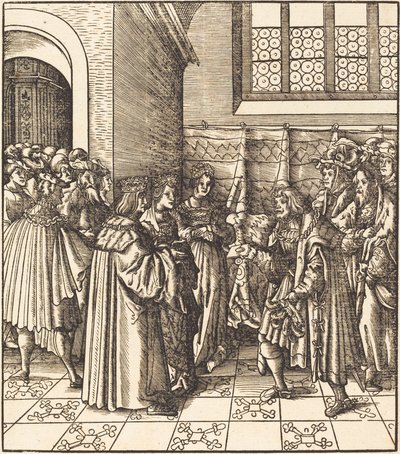 Een legatie voor een koning, naast hem twee vrouwen staand door Leonhard Beck