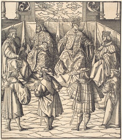 Vergadering van vier koningen, op de voorgrond vier mannen door Leonhard Beck