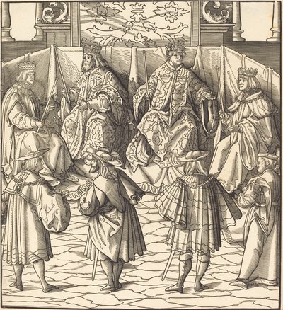 Vergadering van vier koningen, op de voorgrond vier mannen door Leonhard Beck
