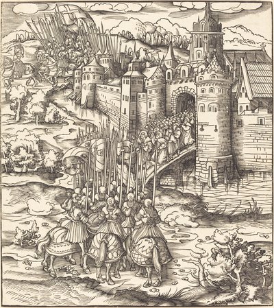 Verschillende mannen knielen op een brug voor een stad door Leonhard Beck