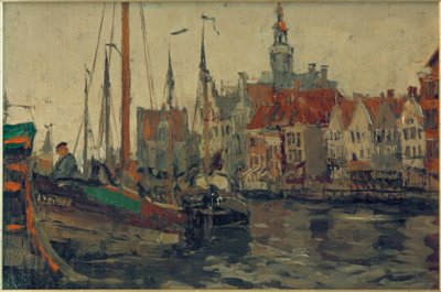 Vissersschip in de haven van Emden door Leonhard Sandrock