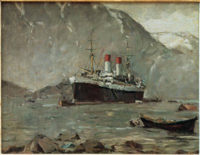 Passagiersstoomboot van Hamburg-Süd in een Noorse fjord door Leonhard Sandrock