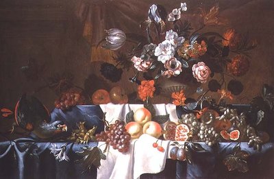 Stilleven van Fruit met een Papegaai door Leonhart Hubner