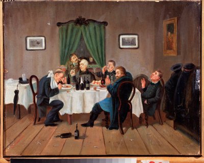 In een taverne. Schilderij van Leonid Ivanovich Solomatkin (1837-1883), Russische kunst door Leonid Ivanovich Solomatkin