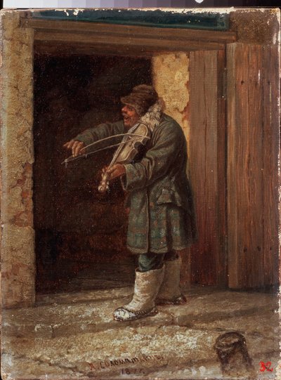 Een muzikant (Een bedelende violist spelend voor de ingang van een landhuis) door Leonid Ivanovich Solomatkin