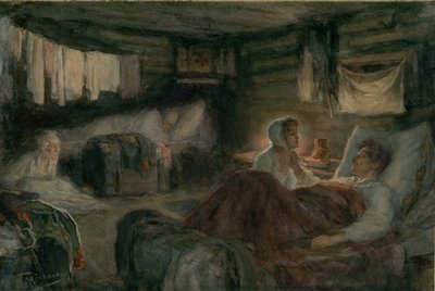 Natasha en de gewonde Prins Andrei in Mytishchi. Illustratie voor de roman Oorlog en Vrede door Leonid Osipovich Pasternak