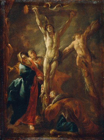 Christus aan het Kruis met Maria, Johannes, Magdalena en de Twee Misdadigers door Leopold Blonder
