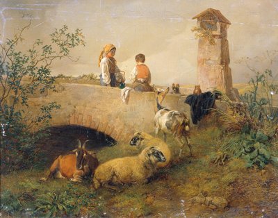 Jongen en meisje met schapen en geiten door Leopold Brunner d. J.