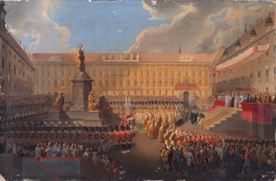 Onthulling van het monument voor keizer Frans I van Oostenrijk op 19 juni 1846 op het Weense Franzensplatz door Leopold Bucher