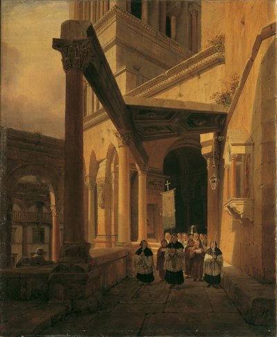 Zicht op een zuilengang in de tempel van Diana in Spalato door Leopold Ernst