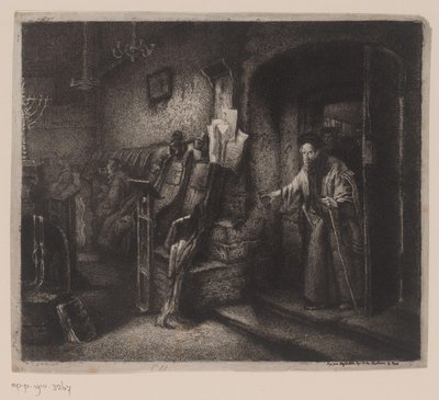 Interieur van een synagoge met gelovigen door Leopold Flameng