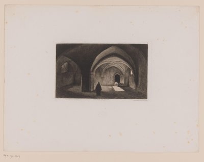 Monnik in een duistere ruimte met gewelfd plafond door Leopold Flameng