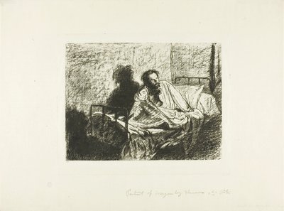 Portret van Charles Meryon Zittend in Bed door Leopold Flameng