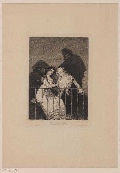 Twee vrouwen met daarachter twee mannen in de schaduw door Leopold Flameng