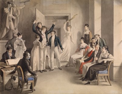 Franz Schubert 1797-1828. Gezelschapsspel van de Schubertianen in Atzenbrugg, 1821 door Leopold Kupelwieser