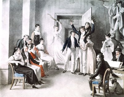 Muzikale bijeenkomst van Schubertianen. Schubert zit in de stoel rechts door Leopold Kupelwieser