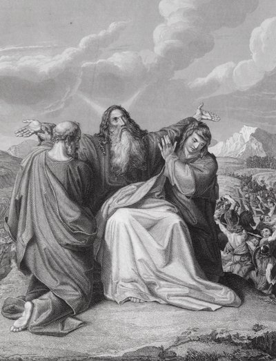 Het omhooghouden van de handen van Mozes, Exodus, Hoofdstuk 17, vers 12 door Leopold Kupelwieser