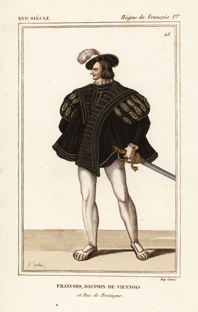Francis III, Hertog van Bretagne 1518-1536. Francois, Weense dolfijn en Hertog van Bretagne. Handgekleurde lithografie door J.B. Gautier naar een portret in Roger de Gaignieres