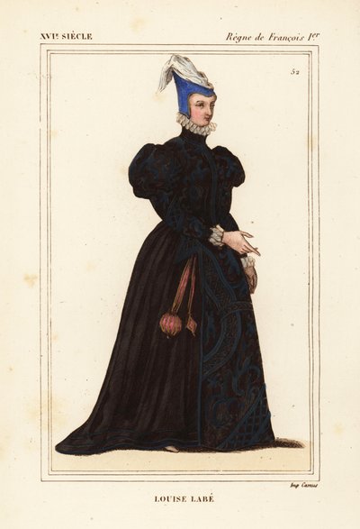 Louise Labe, La Belle Cordiere, Franse dichter 1526-1566. Musicus, ruiter, boogschutter, schermer en taalkundige. Handgekleurde lithografie naar een portret in Roger de Gaignieres