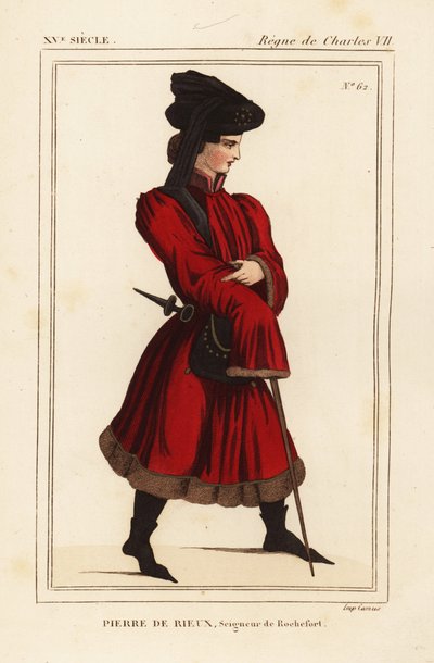 Pierre de Rieux, heer van Rochefort 1389-1439. Handgekleurde lithografie naar een portret in Roger de Gaignieres