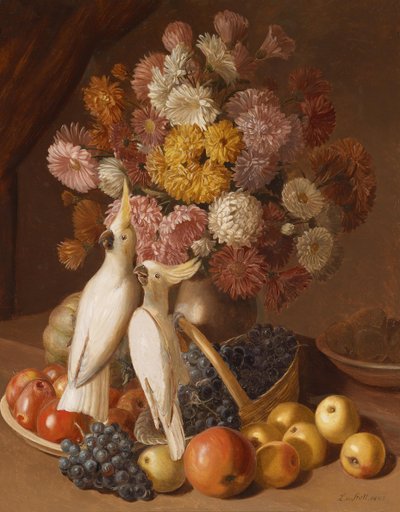 Bloemenstilleven met vruchten en nimfparkieten door Leopold von Stoll