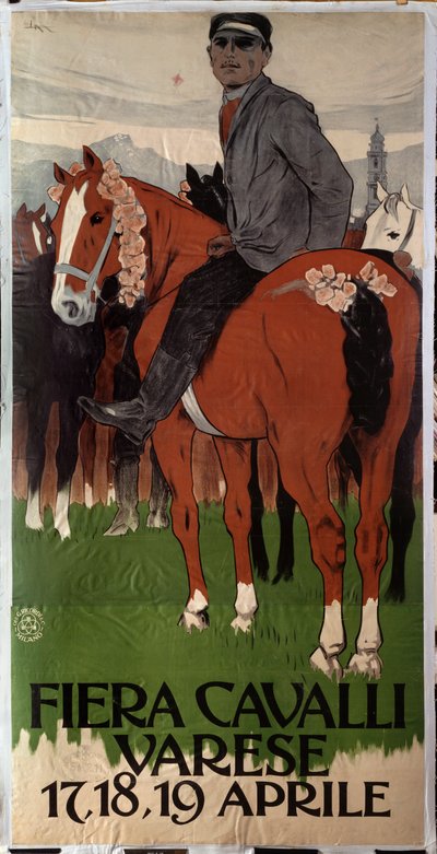 Reclameposter voor paardenmarkt in Varese, Italië door Leopoldo Metlicovitz