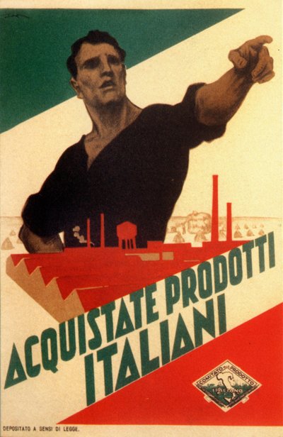 Fascisme: propagandaposter voor autarkie in Italië "Koop Italiaanse producten" door Leopoldo Metlicovitz