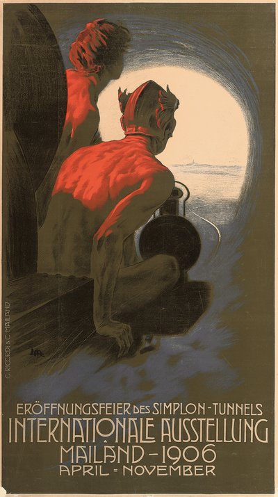 Duitse poster die de Internationale Tentoonstelling van 1906 in Milaan adverteert, georganiseerd ter viering van de opening van de transalpiene Simplon Tunnel door Leopoldo Metlicovitz